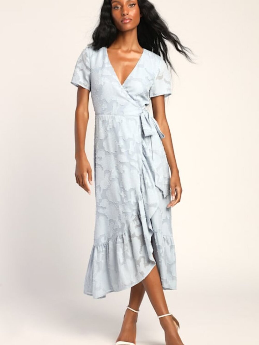 Lulus Blissfully Light Blue Jacquard Short Sleeve Wrap Midi Dress - Size M